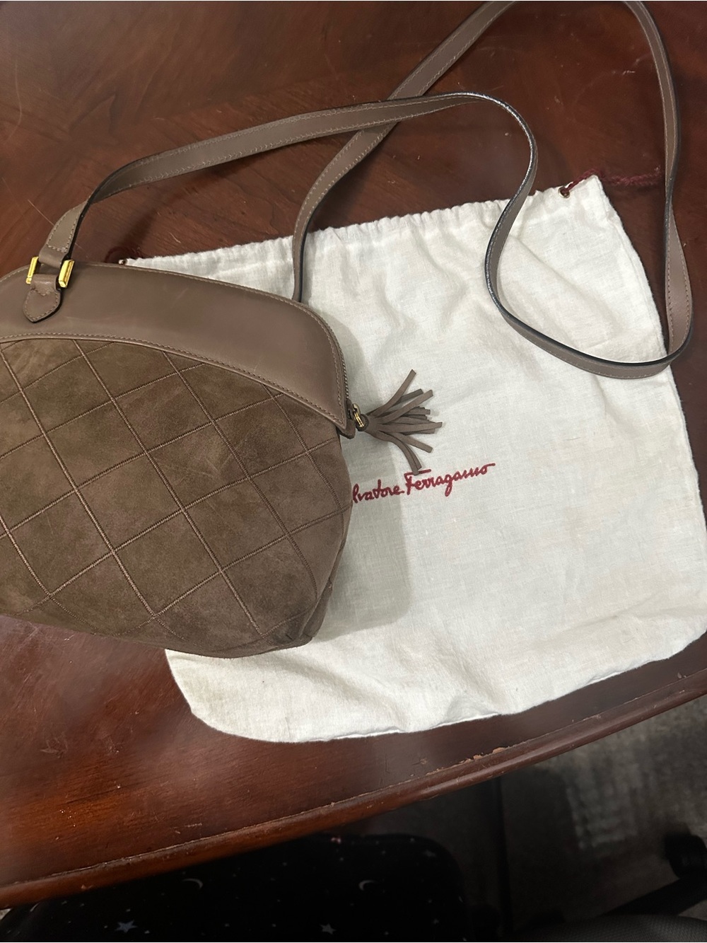 Salvatore Ferragamo Taupe Brown Quilted Suede Crossbody with Tassel